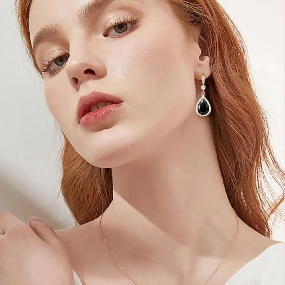 14K Rose Gold with Black Onyx Cubic Zirconia Teardrop Hook Dangling Earrings